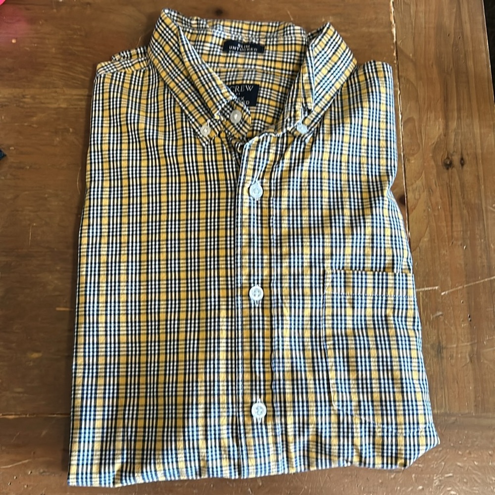 J Crew men’s large, yellow/navy, plaid, cotton button down. Purchased new.